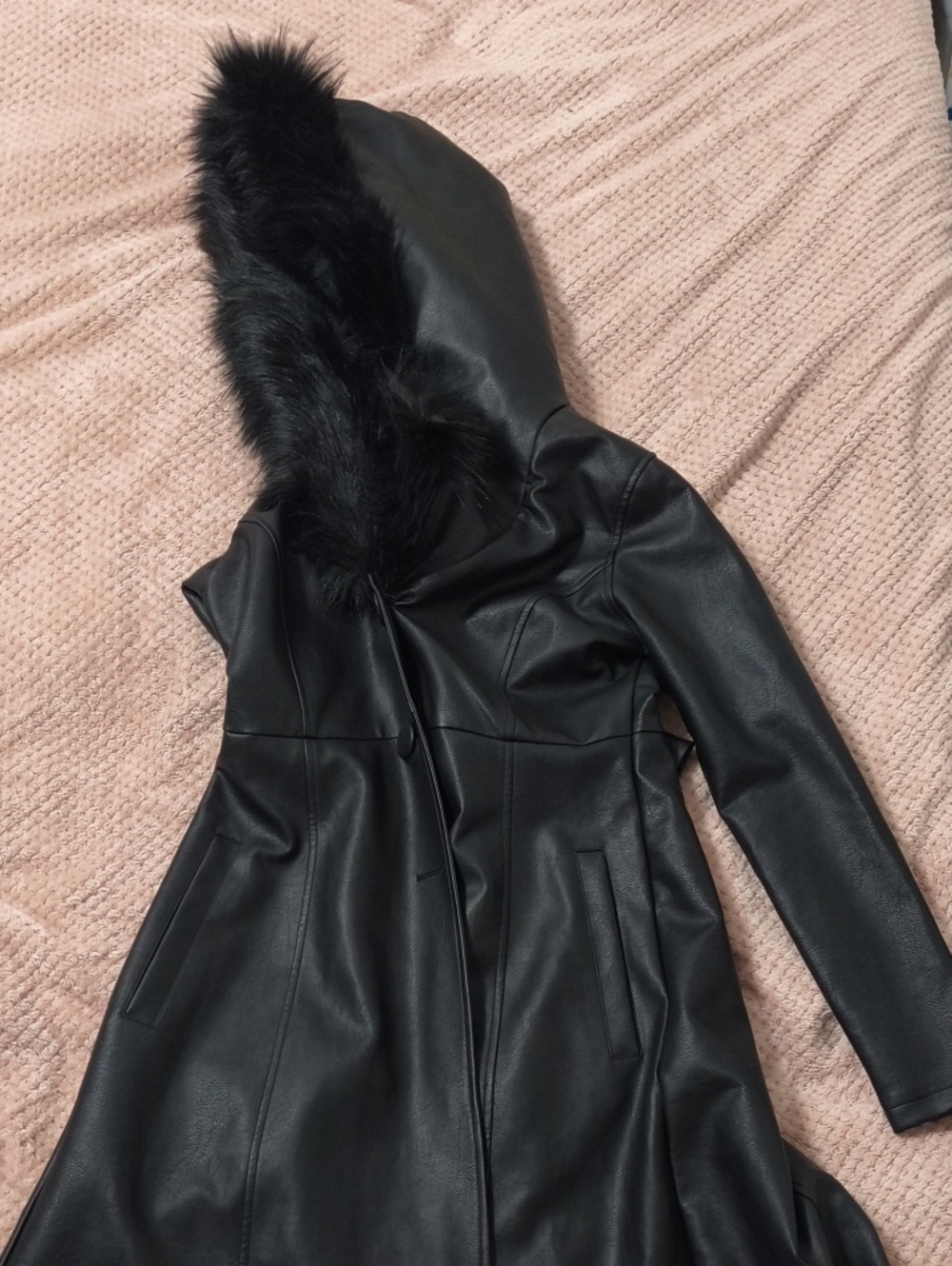 Killstar Black Faux Leather Hooded Trench with Fur Trim